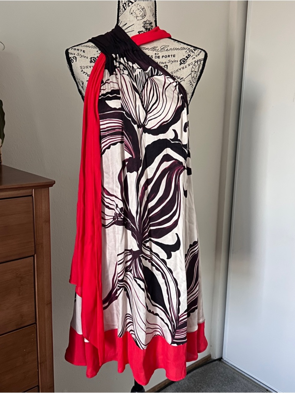 REISS Red Black Silk Blend Halter Midi Dress Tie Neck Wedding Guest Size 8
